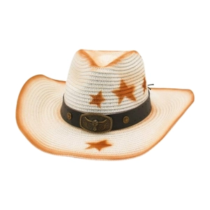 Vintage western cowboy straw hat with star prints and bull head buckle for summer beach sun protection