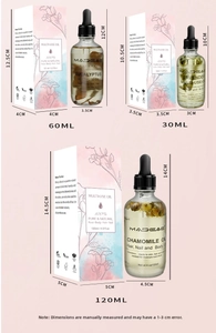 Three sizes of essential oil bottles with botanicals in 30ml, 60ml, and 120ml options