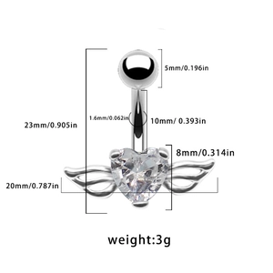 Diagramme technique du piercing nombril en cœur montrant les dimensions précises et son poids