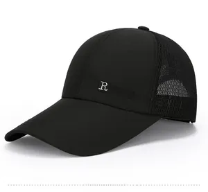 Detailed side view of black mesh baseball cap with R VOGUER logo and breathable fabric