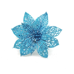 Detail showing 15cm blue glitter hollow Christmas flower ornament with multi-layer petals