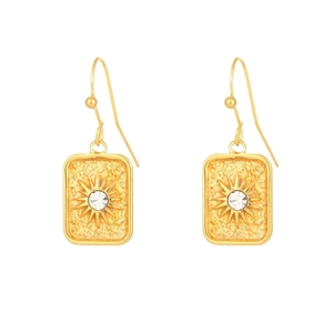 Gold rectangular drop earrings with starburst engraving and center crystal stone