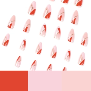 Pink and red geometric almond press-on nails set with elegant gold glitter line accents