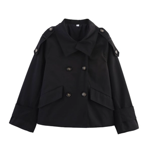 Classic black double-breasted short trench coat with lapel collar and shoulder epaulettes