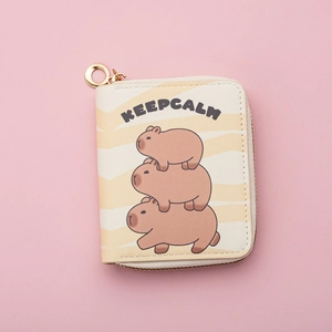 Cartoon Capybara mini PU leather coin purse in cream yellow with Keep Calm text