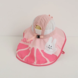 Close-up of pink sun hat featuring rabbit print, mesh vents and adjustable strap