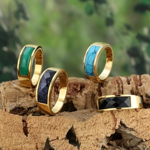 Fashionable stainless steel rings with rectangle green agate and turquoise gemstones