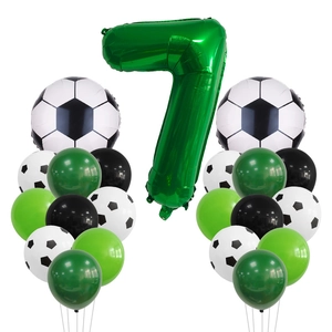 Detailed set of soccer-themed balloons with green number 7 and latex party decorations