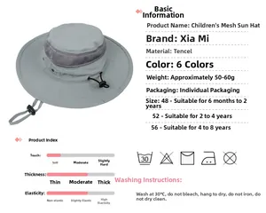 Detailed spec chart for kids mesh sun hat showing sizes and breathable material details