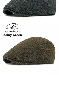 Detailed view of British vintage wool flat cap with herringbone pattern and colorful grid
