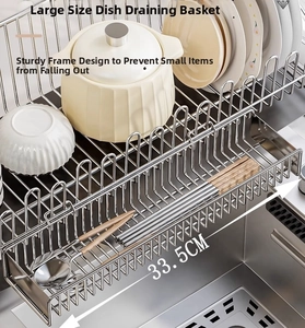 Detailed view of a 33.5CM 304 stainless steel dish rack with specialized utensil holder