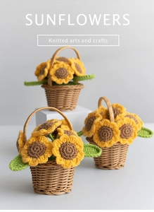 Close-up of three handmade knitted sunflower baskets with detailed crochet texture
