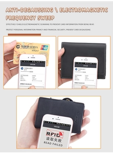 Detail showing RFID blocking feature on black and blue leather wallet for card security