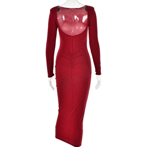 Detailed back view of red glitter dress with low U-shaped back and slim fit ruched waist