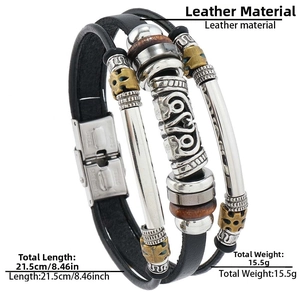 Detail of vintage multilayer leather bracelet showing size 21.5cm and stainless steel clasp