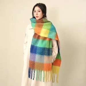 Thick winter rainbow striped mohair scarf with fringes for extra warmth and soft style
