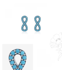 Detail view of silver infinity stud earrings featuring turquoise beads on a white background