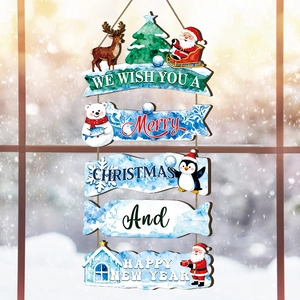 Five-tier wooden Christmas door sign with Santa, reindeer and blue winter holiday greetings