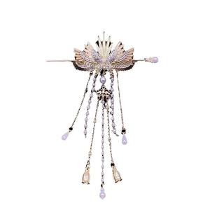 Golden butterfly wing hair pin with purple crystals and pearl tassels in retro style