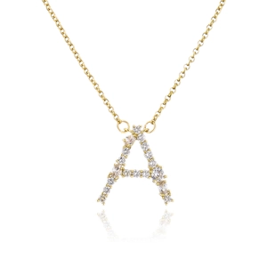 Golden micro-paved zircon capital letter A necklace with delicate O-chain on white background