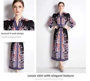 Détail de l'imprimé paisley sur la robe midi à manches longues avec boutons et col montant