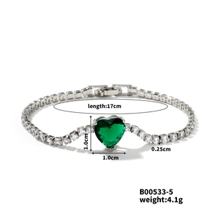 Detailed view of heart-shaped green stone bracelet with white zircon and size specs