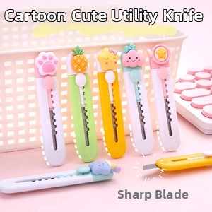 Detail showing various cute cartoon utility knives with sharp retractable metal blades