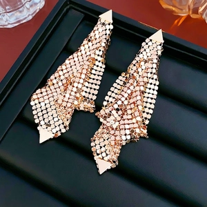 Golden geometric sequin fringe drop earrings for women with polished triangle accents