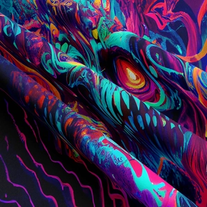 Macro detail of psychedelic mushroom tapestry fabric with neon fluid swirl patterns