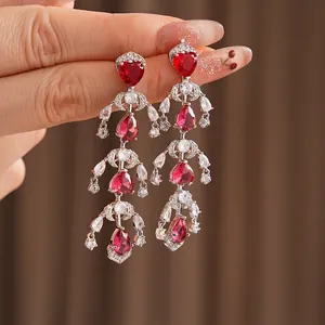 Silver needle long tassel earrings with red heart zircon and luxury teardrop crystals