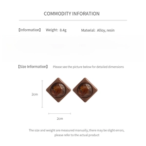 Size information and material detail of brown resin square earrings in alloy