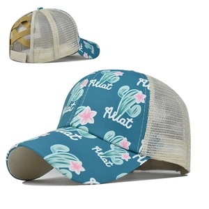 Women Ponytail Baseball Cap Cactus Floral Print Crisscross Mesh Trucker Hat Breathable Adjustable Outdoor Sun Hat