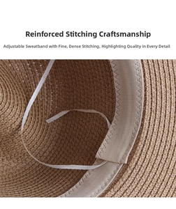 Detail of reinforced stitching and elastic sweatband on sun straw hat interior