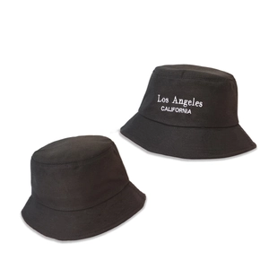 Kids black wide brim cotton bucket hat with white Los Angeles California embroidery