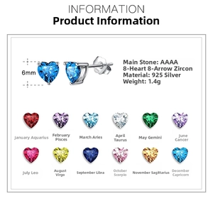 Detailed size specifications and material chart for 925 silver heart birthstone earrings