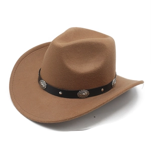 Detail of brown western cowboy hat featuring black band with silver sunflower metal buckles