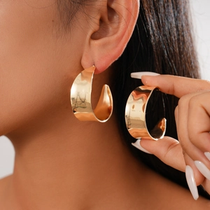 Geometric C-Shaped Chunky Hoop Earrings Glossy Metal With 925 Sterling Silver Earring Post Fashion For Women