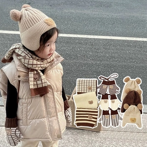 Toddler Winter Knit Scarf Hat And Gloves Warm Bear Embroidery Striped Plaid Neck Warmer For Baby Boys Girls