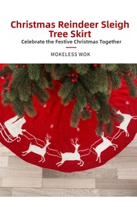 Détail de la jupe de sapin de Noël tricotée rouge avec motifs d'élans et de flocons blancs