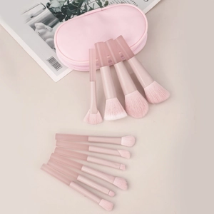 Set da 10 pennelli trucco rosa con manici traslucidi e custodia da viaggio coordinata