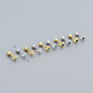 Detail view of S925 silver star stud earrings with colored stones and 3mm ball back