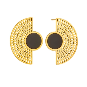 Gold plated stainless steel fan shaped earrings with hollow design and black round center