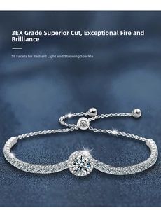 Detailed macro view showing the 3EX cut moissanite bracelet with 58 facets and silver finish