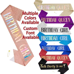 Glitter birthday girl sash with golden pin in various colors like rose gold and purple