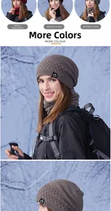 Detail showing knit winter hat and scarf set with thick fleece lining and waffle texture