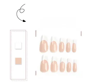 Detailed view of ten French tip coffin press-on nails with white tips and nude base color