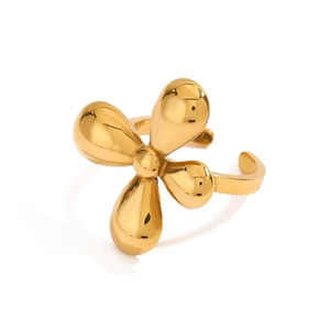 Polished 18K gold titanium steel four-petal flower adjustable ring for women