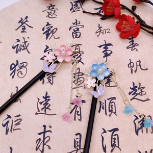 Chinese wood hairpin with peach blossom, butterfly and tassel in pink and blue