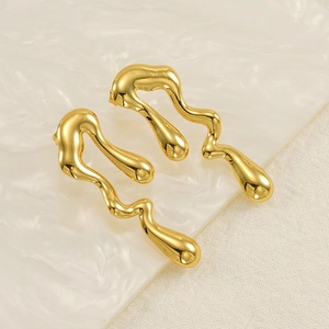 18K gold plated stainless steel irregular teardrop earrings with a polished wavy design