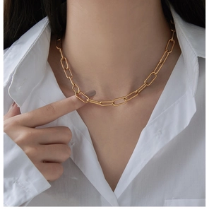 Close-up of a gold rectangle paperclip chain necklace worn by a model in a white shirt